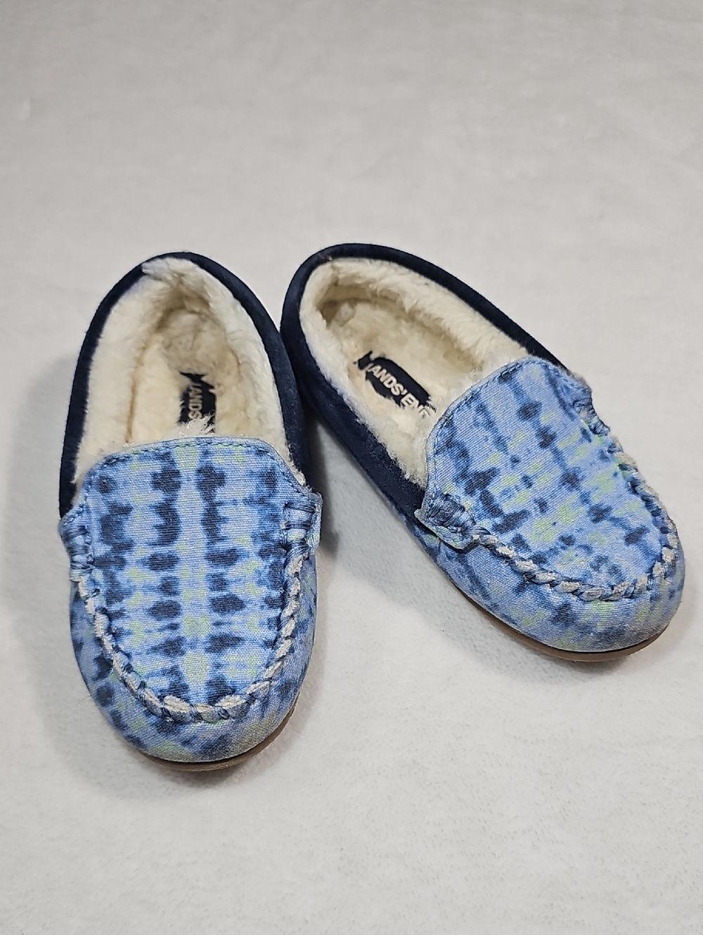 Lands' End Kids Blue Tie-Dye Moccasin Slippers with Cream Lining